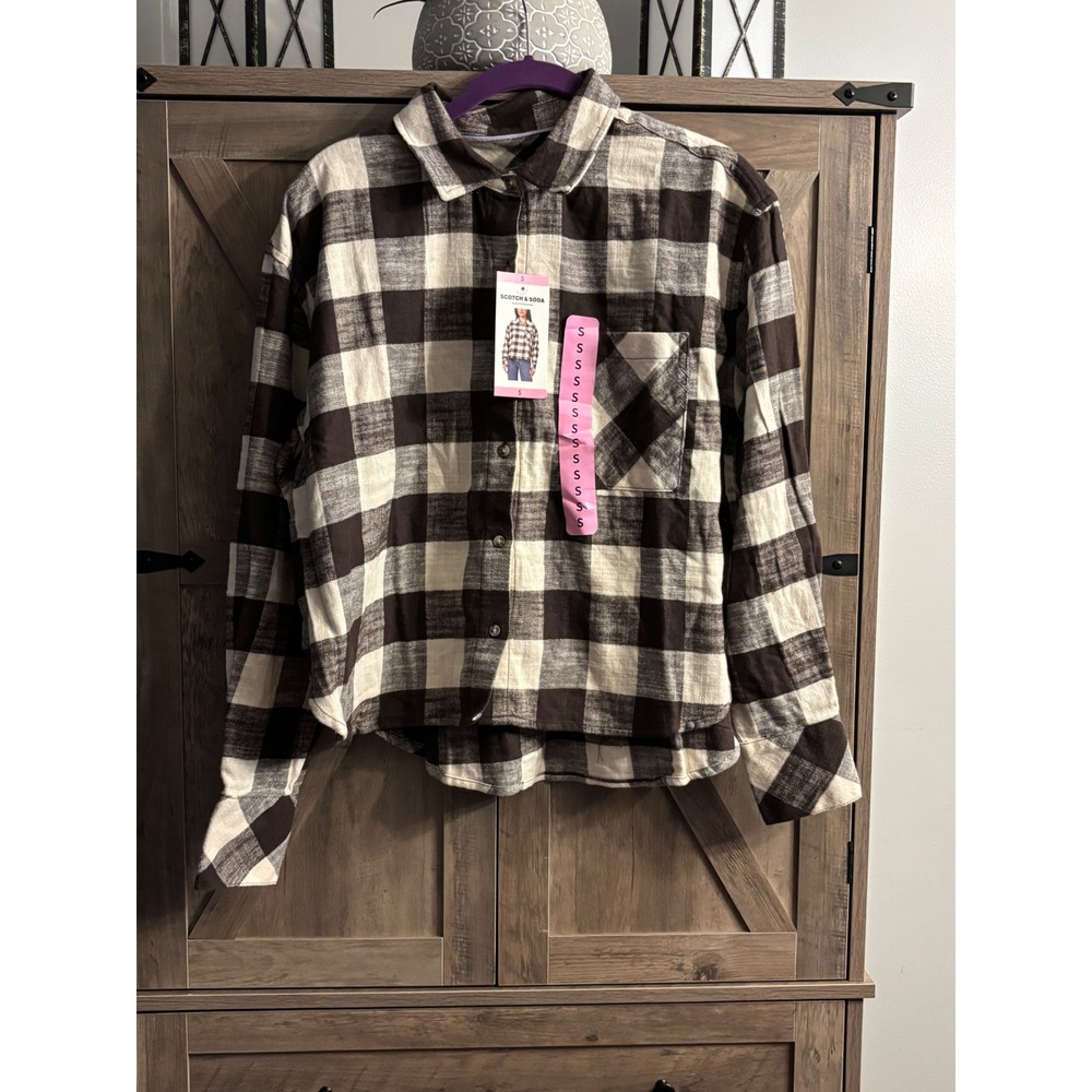 Scotch & Soda Womens Buffalo Plaid Flannel Shirt Brown Cream Size S NWT